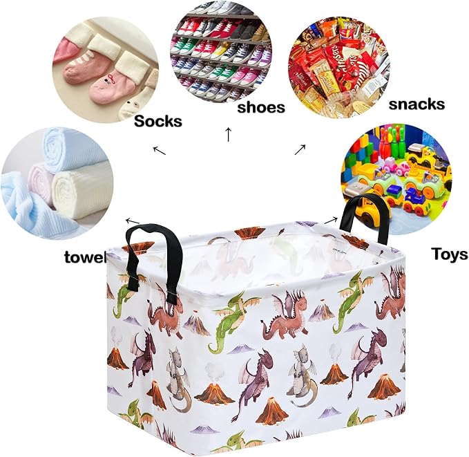Round Laundry Basket Gragon Nursery Hamper Storage Bins Dinosaur room Decor | Waterproof Canvas Collapsible Storage Basket With Sturdy Handles Multi-scene Organizer Dinosaur For Play Bedroom Decor Gift