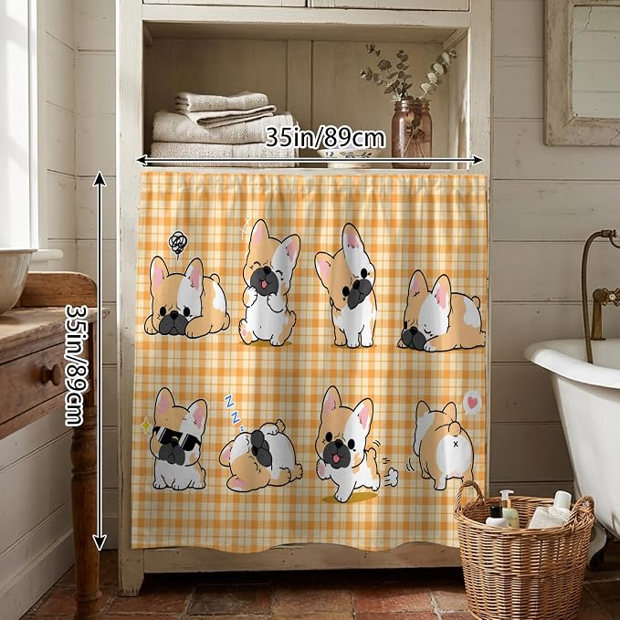 Cute Puppy Cabinet Dishwasher Hidden Curtains, Privacy Closet Door Curtain, Orange Beige Plaid Modern Funny Dogs Pet Adhesive Dust Proof Under Sink Skirt for Bathroom Kitchen 35"x35"