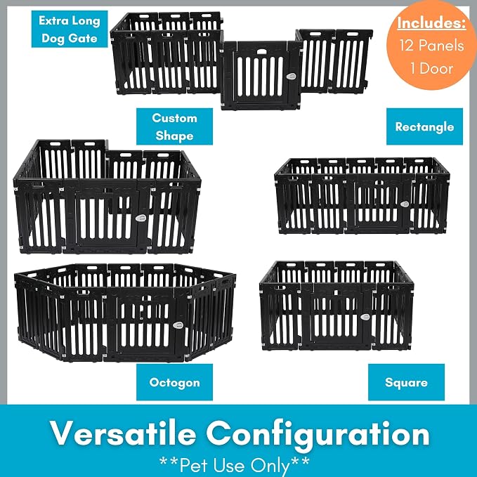 BIRDROCK HOME Dog Playpen w/Door, 12 Panel, 25.6in H | Strong Plastic, Non-Slip Puppy Playpen, Secure Pet Gate | Indoor Outdoor Fence | Configurable Panels | Small to Medium Pets - Black | 13-Panel Durable Plastic Playpen for Puppies and Small Dogs, Pe...