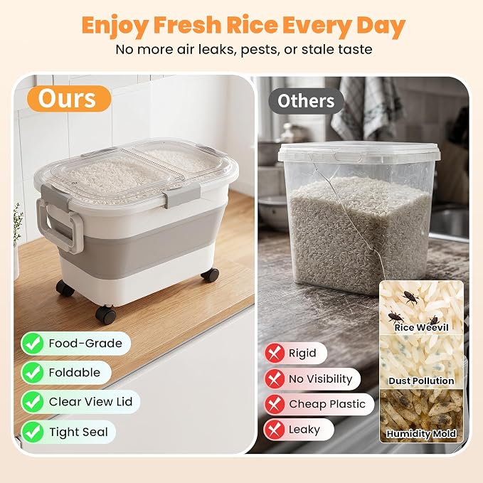 30 Lbs Rice Container, Collapsible Dog Food Storage Container | Airtight Cat Food Container with Wheels, Transparent Lid, Measuring Cup, Scoop and Handle, BPA Free for Pet Food, Bird Seed