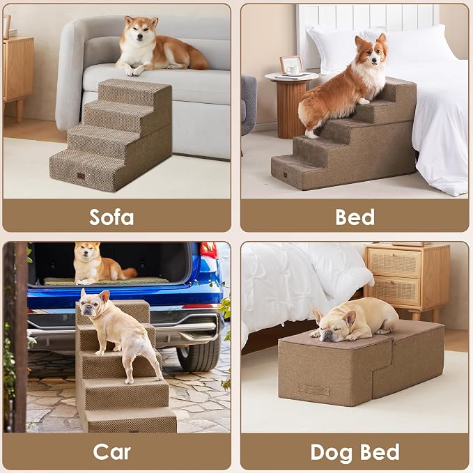 EHEYCIGA Dog Stairs for High Bed 25" H, Extra Wide Dog 5-Step, Camel | Pet Steps for Small Dogs and Cats for Bed, Non-Slip Balanced Pet Ramp Indoor