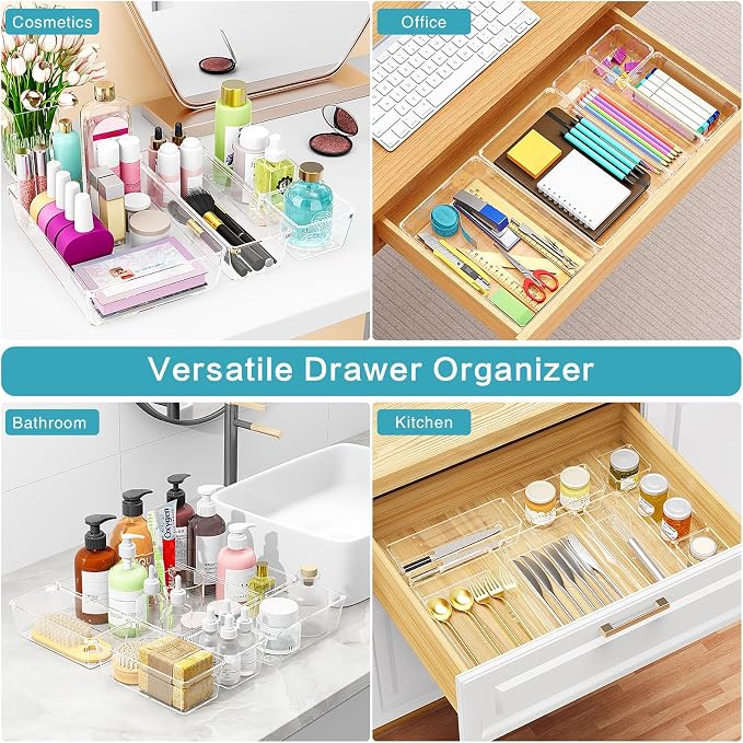 Manalete 65 Pcs Clear Plastic Drawer Organizer, Makeup & Vanity Organizer | 4-Size Versatile Desk Organizer & Storage Bins for Kitchen, Bathroom, Office, Jewelries, Easy Clean, Stackable, BPA-Free