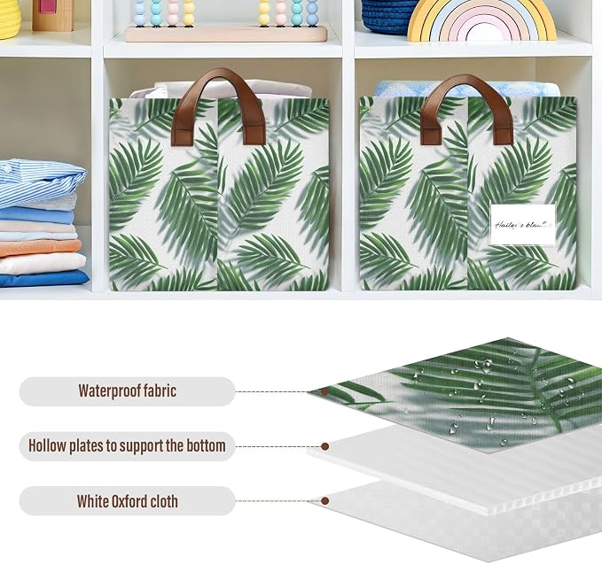 Tropical Green Palm Leaves Storage Basket Foldable Cube Storage Bins with Handles&Label Waterproof Collapsible Organizer Box Bin Large Rectangle Decorative Baskets for Shelves Home Room Laundry-2 PC