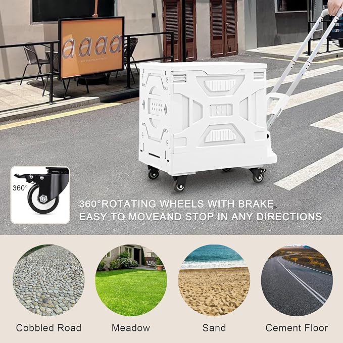 VECELO 66L Heavy-Duty 2-in-1 Foldable Utility Cart, Large Capacity Rolling Crate, Thickened Material with Silent Swivel Wheels, Dual Modes (Basket/Flatbed) for Grocery, Laundry, Camping, White