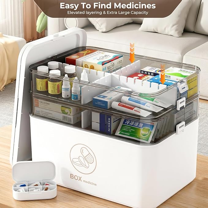 5-Tier Medicine Cabinet Organizer with Handle, Extra Large Medicine Storage Box Portable First Aid Kit, Empty Plastic Pill Organizer for Family Emergencies Home