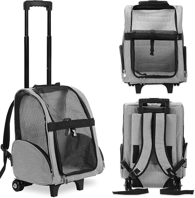 Deluxe Backpack Pet Travel Carrier with Double Wheels for Pets up to 10 Pounds - Black - Approved by Most Airlines