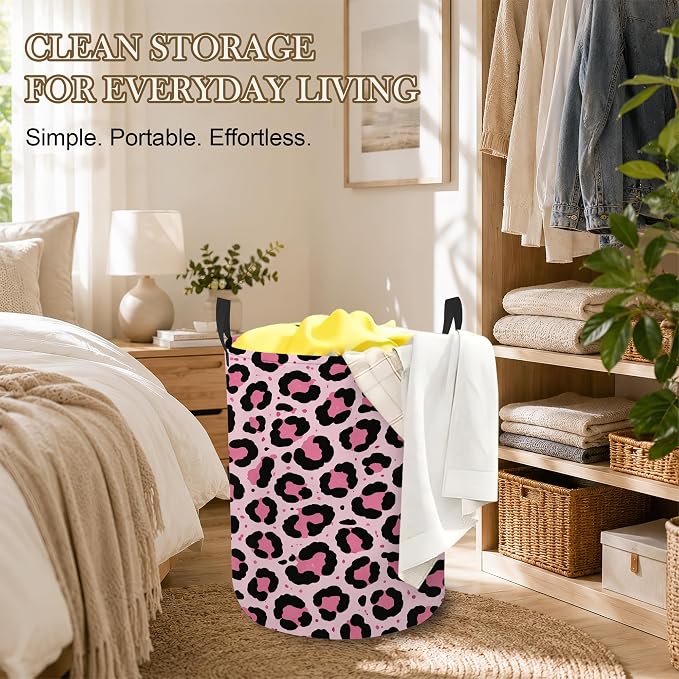 Pink Leopard Laundry Basket Oxford Cloth Laundry Hamper With Handle Foldable Portable Clothes Storage Basket Storage Bag For Laundry Room/Bathroom/Bedroom/Dormitory 20.8"x16"