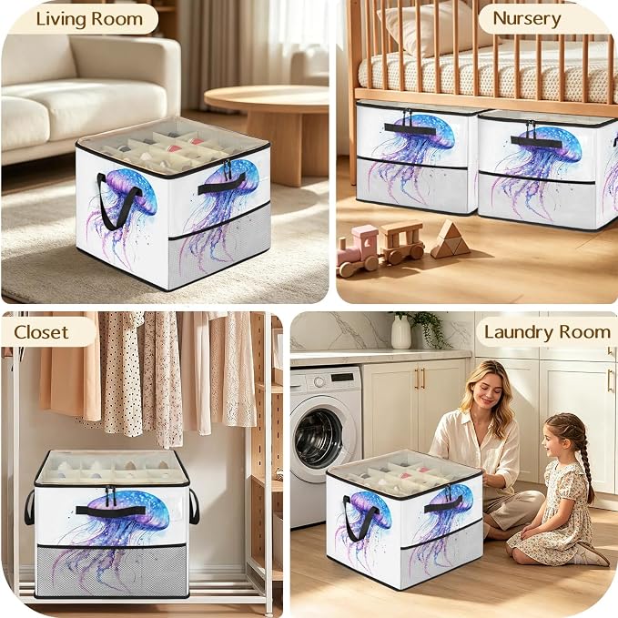 TropicalLife Jellyfish Shoe Organizer for Closet | Fantasy Sea Animals Foldable Shoe Storage Organizer Box Bin with Adjustable Dividers and Clear Cover, Fits up to 16-32 Pairs