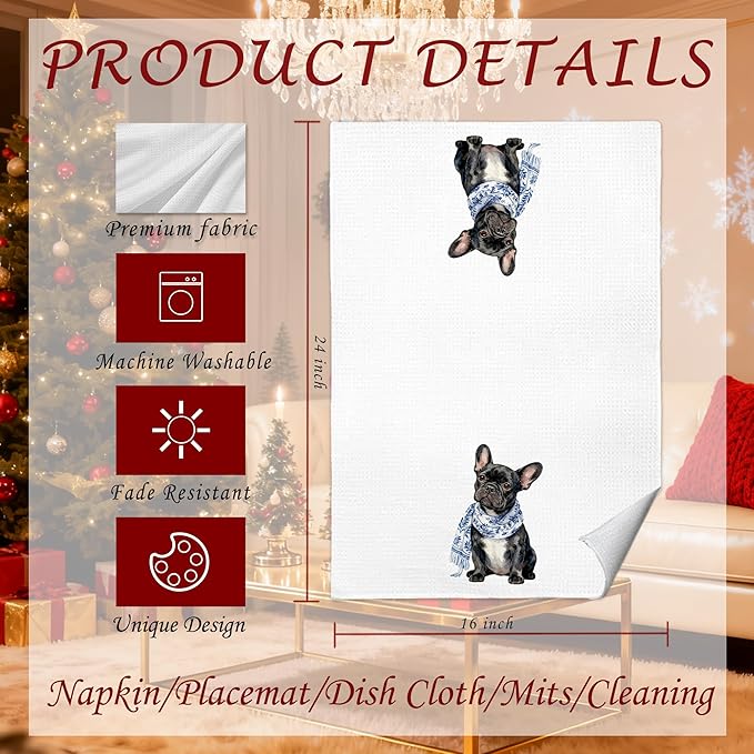 Chinoiserie Black French Bulldog Kitchen Towels 16x24 in, Black French Bulldog Gifts, Grandmillennial Scarf Frenchie Dog Decorative Hand Tea Dish Towels for Bathroom Kitchen
