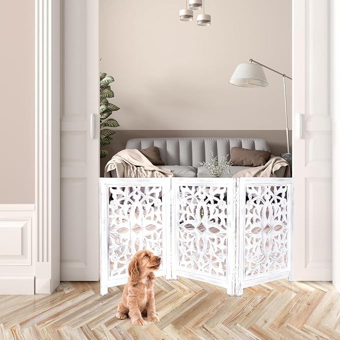 Lightnpro Wooden Pet Gate – Decorative Carved Foldable Dog Fence, Extra-Wide Freestanding Indoor Safety Gate for Small Dogs – 24x18 Inch Antique White