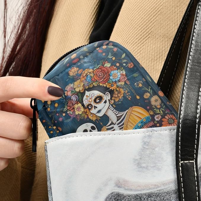 Fustylead Painting of Calavera Woman with Flower Pill Organizer Travel Bag, Small Portable Pill Case Cute for Vitamin Fish Oil Supplements Medicine Organizer with Zipper
