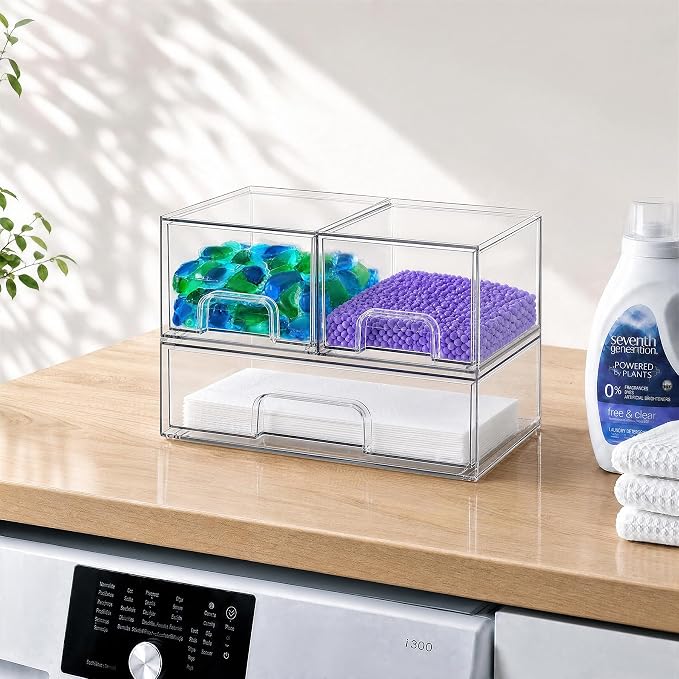 Clear Stackable Storage Drawers, Acrylic Bathroom Makeup Organizer, Plastic Bins for Art Tool & Sketch, Durable Containers for Countertop, Cabinet, Vanity, Medicine Organization