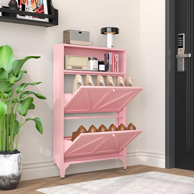 Shoe Cabinet with 2 Flip Drawers, Narrow Shoe Storage Cabinet, Farmhouse Shoe Organizer, Freestanding Organizer with Metal Legs for Entryway, Foyer (Pink, 2 Door)
