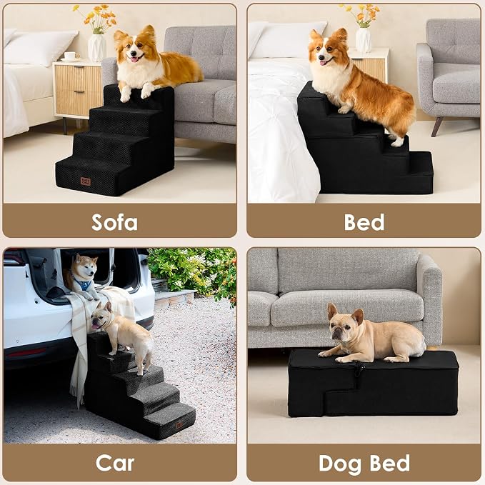 EHEYCIGA Dog Stairs for Bed 18" H, 4-Step Extra Wide Dog Steps for High Bed, Pet Steps for Small Dogs and Cats, Non-Slip Balanced Pet Ramp Indoor, Black