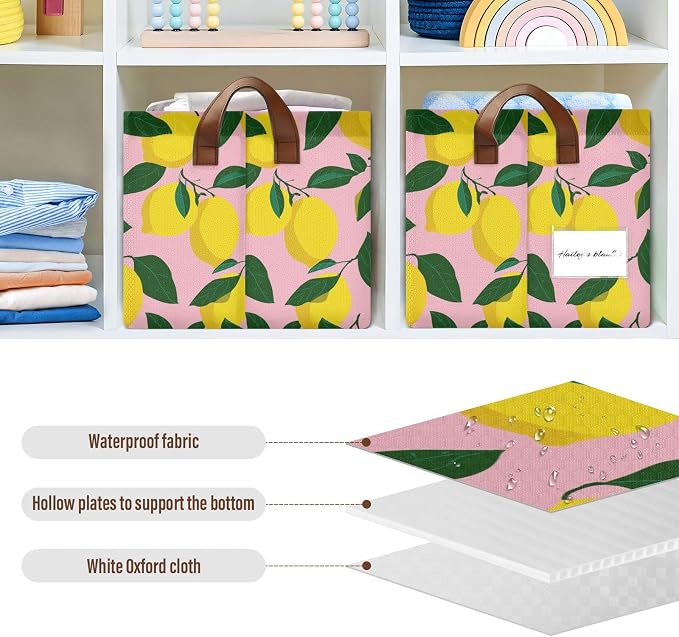 Light Pink Bg Yellow Lemon Storage Basket Foldable Cube Storage Bins with Handles&Label Waterproof Collapsible Organizer Box Bin Large Rectangle Decorative Baskets for Shelves Home Room Laundry