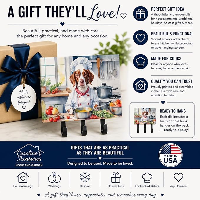 Caroline's Treasures Brittany Spaniel The Chef Leash or Key Holder Wall Hooks, Key Hooks Holder, Coat Rack Wall Mount, Coat Hooks, Hooks for Hanging Keys, Towels, Aprons, Leashes | Brittany Spaniel The Chef artwork on ceramic tile with three steel hook...