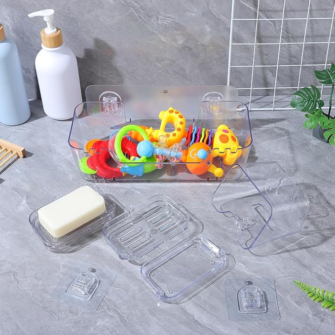 Wakauto 4 Pack Clear Wall Mounted Bath Toy Organizer & 2 Soap Dishes | Bathtub toy holder basket, adhesive shower caddy, kids bathroom storage, easy drainage design