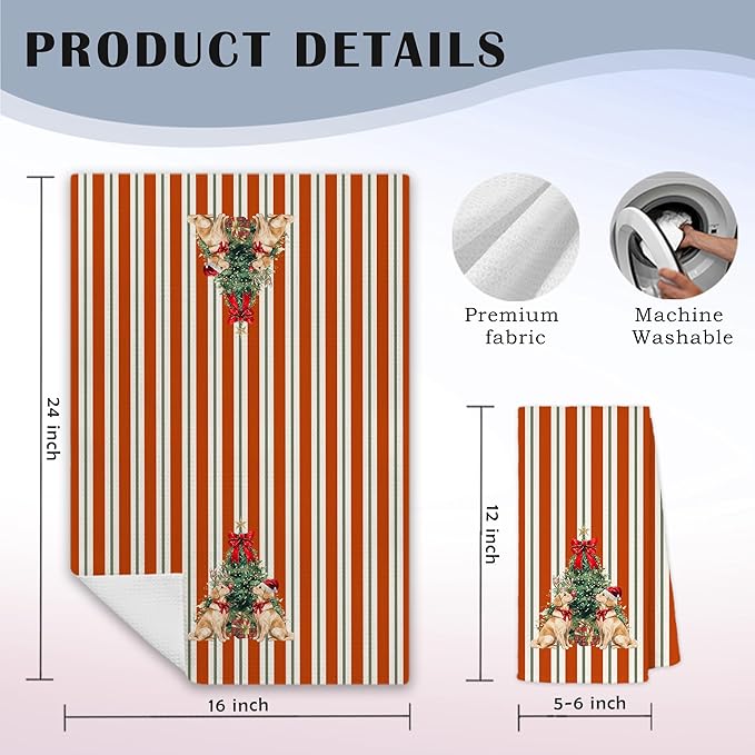 Christmas Tree Golden Retriever Kitchen Towels, Golden Retriever Lover Gifts Dish Tea Towels for Kitchen, Red and Green Striped Christmas Dog Hand Towel for Bathroom, 16x24 Inch
