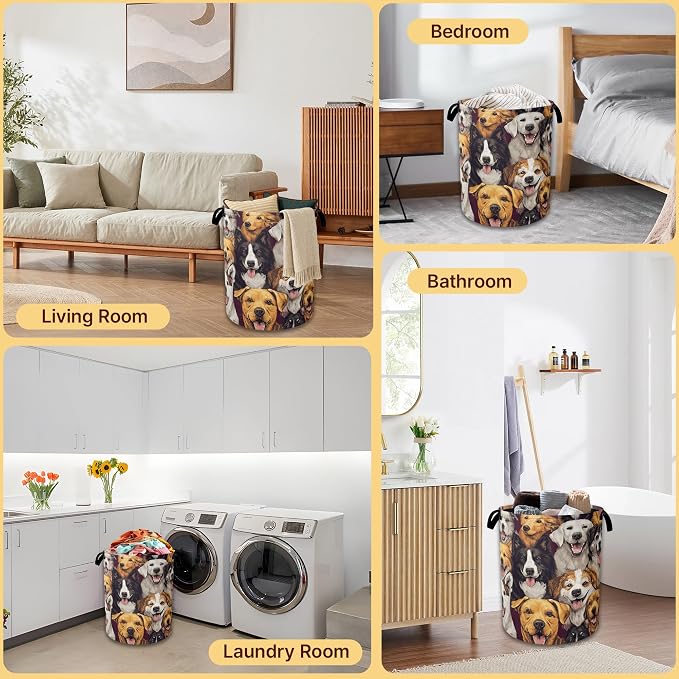 Cute Dog Collapsible Laundry Basket,Pet Faces Waterproof Oxford Cloth Hamper with Handles,Portable Storage Organizer for Laundry Room Bedroom