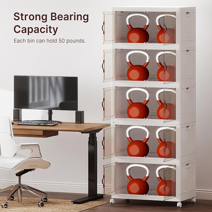 Stackable Storage Bins with Lids, 550QT Lockable Storage Cabinet | Closet Organizers, Foldable Storage Box with Doors and Wheels, Plastic Drawers for Home, Garage, Office (5, White, Plus)