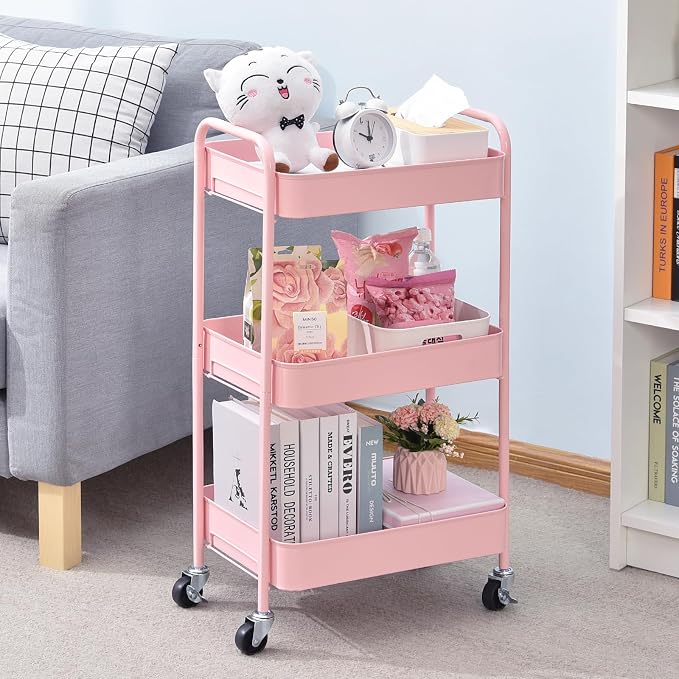 TOOLF 3 Tier Metal Rolling Cart, Utility Storage Cart with Wheels, Pink | Screwless Assembly, Lockable Metal Wheels, Trolley Organizer for Bathroom, Kitchen, Office, Dorm, Laundry, Craft Room