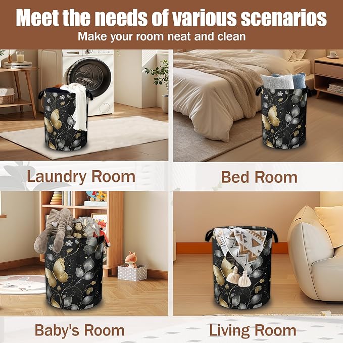 Golden and White Butterflies Laundry Basket,Laundry Hamper Waterproof Oxford Cloth Tote Bag,Clothes Storage Bucket Decorative Toy Organizer for Bathroom Bedroom 16" x 20.8"