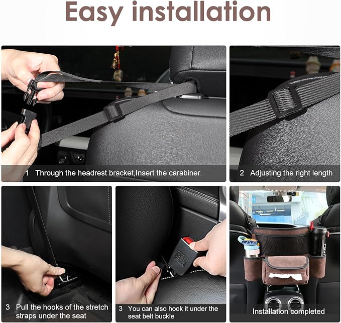 Leather Car Seat Organizer for Handbag/Purse – Fits Between Front Seats, Holds Wallet, Phone & Essentials. (Modle A/Brown)