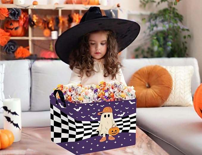 Large Halloween Themed Candy Gift Boo Basket for Kids Baby Personalized Adults Storage Bin Fall Decor(Baseball Hat Grid Spooky)