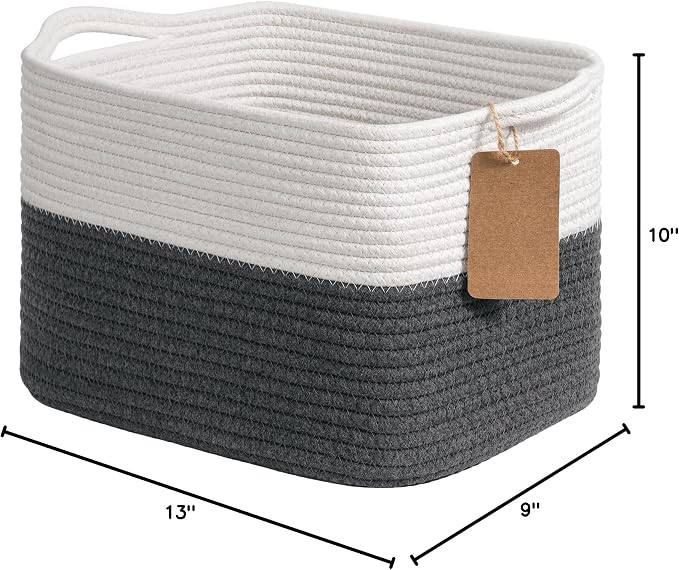 Goodpick Woven Rope Storage Basket for Shelves, Rectangle, Dark Gray | 13" × 10" × 9" Stylish Gift Basket for Home Decor, Cotton Rope Baskets for Baby Toys, Books & Towels Storage, Writable Label