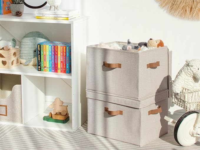 StorageWorks Fabric Storage Bins with Lids, Closet Storage Bins | Flip-Top Lid, 3 Handles, Collapsible, Stackable, for Clothes Blankets, Multi-Purpose, Jumbo, Brown and Beige, 2-Pack