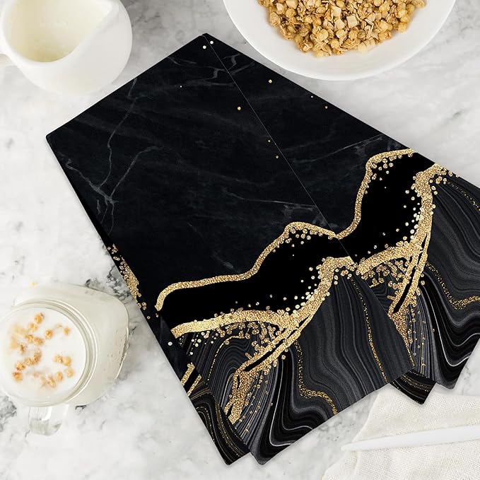 Gold Black Marble Hand Towels,Set of 2 Absorbent Bath Towel Kitchen Dish Towel Home Gym Hotel Bathroom Decor,16x24 Inches