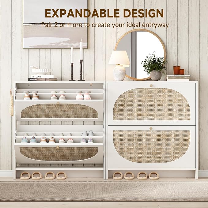 Shoe Cabinet Storage for Entryway Slim 9.5" Freestanding Floor Base Shoe Storage Cabinet, 2 Flip Drawers with 3-Position Adjustable Divider, Holds 16-24 Pairs, Cream White