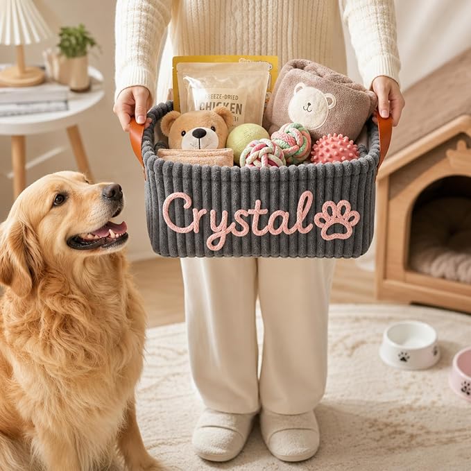 EAQ Personalized Dog Cat Toy Storage Basket Custom Pet Organizer Bin with Name, Pet Toy Box for Dog Accessories, Treats & Supplies
