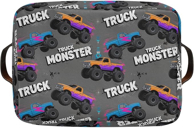 Wamika Monster Truck Black Red Blue Storage Basket Fabric Toy Baskets Racing Cars Boys Open Home Storage Bins Boxes Foldable Organizer Bag for Toy Book Shelf Closet Baskets 16×12×8 Inches 2 Pack