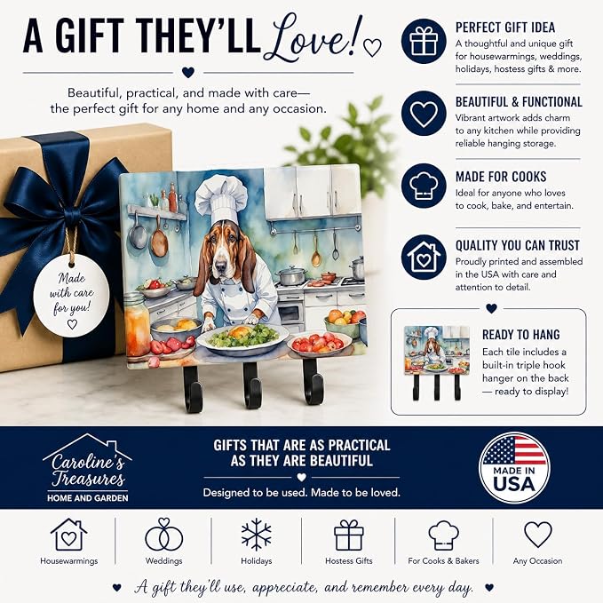 Caroline's Treasures Basset Hound The Chef Leash or Key Holder Wall Hooks, Key Hooks Holder, Coat Rack Wall Mount, Coat Hooks, Hooks for Hanging Keys, Towels, Aprons, Leashes | Basset Hound The Chef artwork on ceramic tile with three steel hooks for ke...
