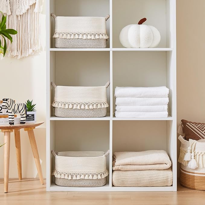 Storage Basket, Woven Baskets for Shelves, White/Beige | 3 Pack Boho Cotton Rope Storage Baskets, 14" x 9" x 8", Home Organizer for Nursery, Holds Toys, Books & Towels