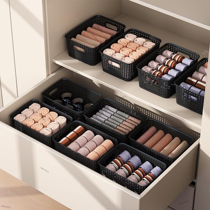 ORGIDOL Plastic Storage Basket with Lids 12 Pack Stackable Black Storage Bins Containers with Lid, Decorative Storage Boxes for Organizing Shelves, Drawers, Playroom, Classroom, Office, Closet