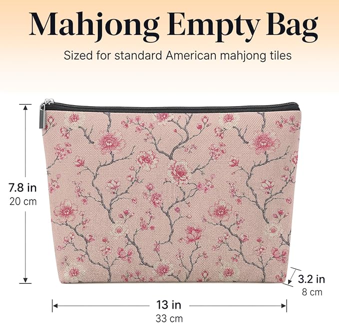 Pink Japanese Cherry Blossom Empty Mahjong Tile Bag 13x7.8in | Pink Floral Aesthetic Printed Portable Organizer Zipper Pouch for American Mahjong Tiles Accessories and Gifts