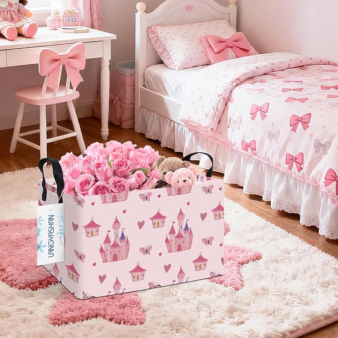 Rectangular Collapsible Pink Castle Storage Basket Nursery Toy Organizer | Storage Bin Foldable Canvas with Handles for Organizing Home Kitchen Children Toys Office Closet Shelf Baskets