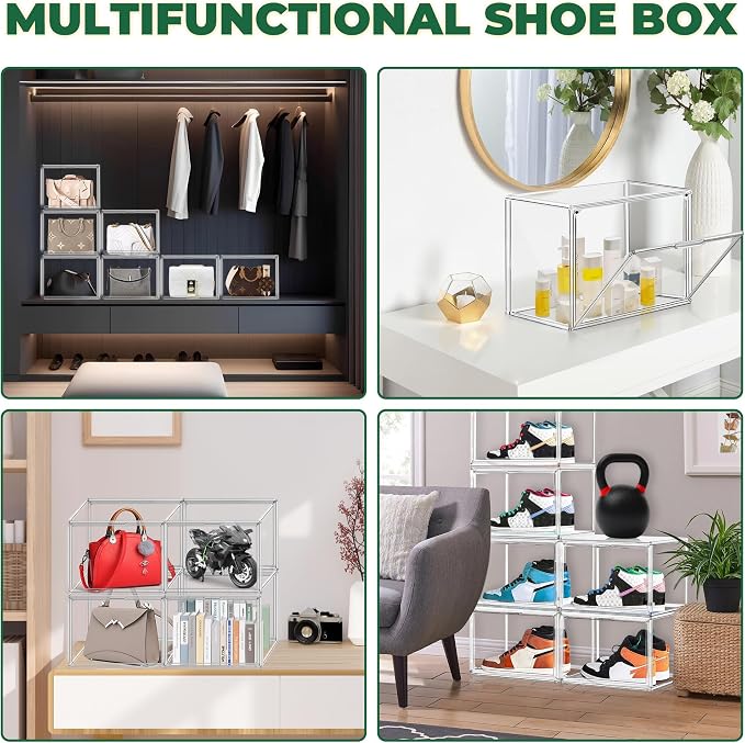 10 Pack Acrylic X-Large Sneaker Shoe Storage Size 14, Wide Magnetic Door | Acrylic Display Case Shoe Boxes Clear Plastic Stackable Bins Boot Handbag Organizer Shoe Cabinet with Magnetic Lids