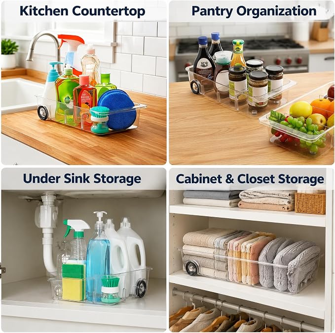 2 Pack Refrigerator Organizer Bin with Wheels, Roll Out Pantry Storage with Dividers, Clear Plastic Refrigerator Drawer, Upgrade Thick Fridge Caddy for Under Sink, Kitchen Organization