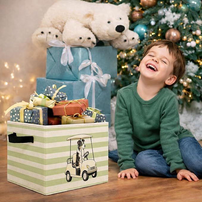 Golf Dog Green Stripe Foldable Fabric Storage Bin | Dog driving golf cart green stripe design; foldable fabric storage bin for kids room, nursery, or playroom.