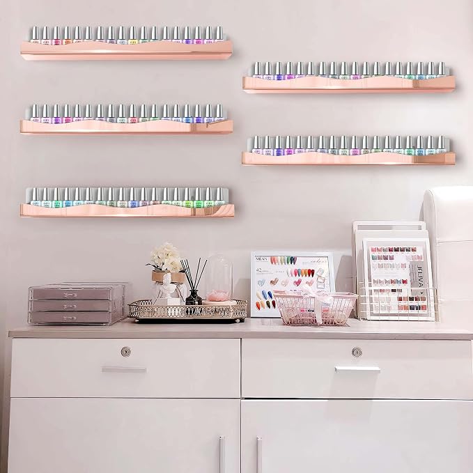 Wall-Mounted Nail Polish Organizer Rack - 15-Inch Rose Gold Mirror Finish Nail Polish Shelf, Makeup & Beauty Essentials Storage - Multi-Purpose Display Holder for Small Space, Vanity Bathroom, 6 Pack