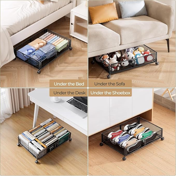 Yecaye Under Bed Storage with Wheels, 4 Pack Under Bed Shoe Storage, Black | Sturdy All-Metal Frame, Foldable, 360° Rolling Wheels, Tool-free Assembly, Underbed Storage Drawers for Shoes, Toys, Clothes
