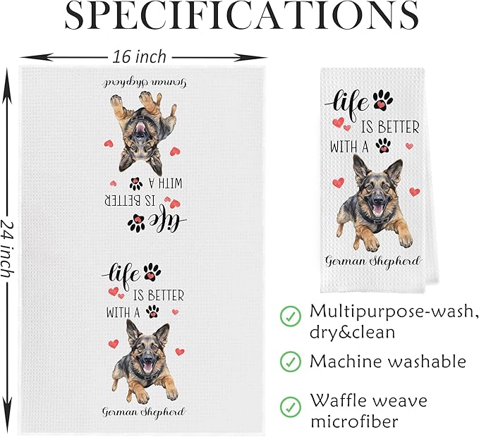 German Shepherd Dish Towels Set - Funny German Shepherd Gifts Waffle Weave Kitchen Towels, Decorative Hand Tea Towel for Kitchen Bathroom (16×24 Inches Set of 2)