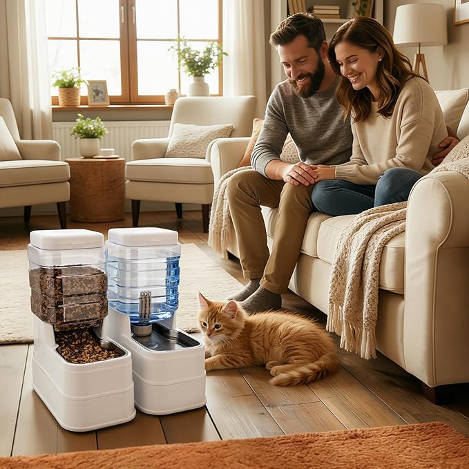 Automatic Cat Feeder and Water Dispenser with Stainless Steel Bowl with Ice Pack Gravity Food Feeder and Waterer Set Feeding Raised Bowls with Filter for Dog 1.3 Gallon x 2(White)
