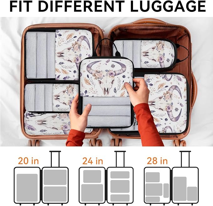 Bull Skull 6 Set Compression Packing Cubes | Western Retro Boho Floral Travel Accessories Expandable Packing Organizers Space Saver Bags for Organizing Clothes