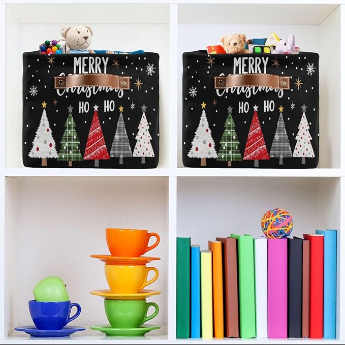 Merry Christmas Tree Black Storage Basket with Waterproof Liner and PU Handles Winter Snowflake Xmas Storage Bins Boxes 14.2" Collapsible Decorative Organizer Baskets for Bedroom Closet Office 1 Pack