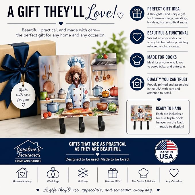Caroline's Treasures Chocolate Poodle The Chef Leash or Key Holder Wall Hooks, Key Hooks Holder, Coat Rack Wall Mount, Coat Hooks, Hooks for Hanging Keys, Towels, Aprons, Leashes | Chocolate Poodle The Chef artwork on ceramic tile with three steel hook...