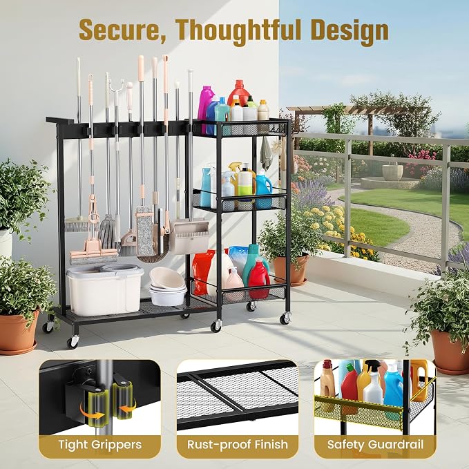 Broom Holder with Cleaning Supplies Organizer, Cleaning Utility Cart on Wheels, 10 Clips & 7 Hooks, 3-Tier Shelves, Broom Closet Storage Cabinet with Cleaning Caddy for Home Commercial Use